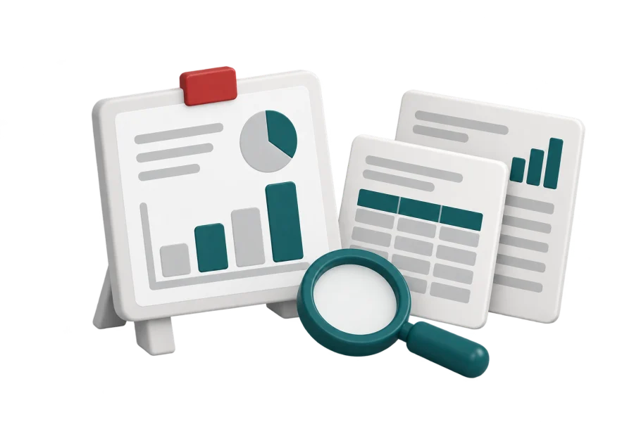 Illustration of report sheets and a magnifying glass for reviewing exceptions